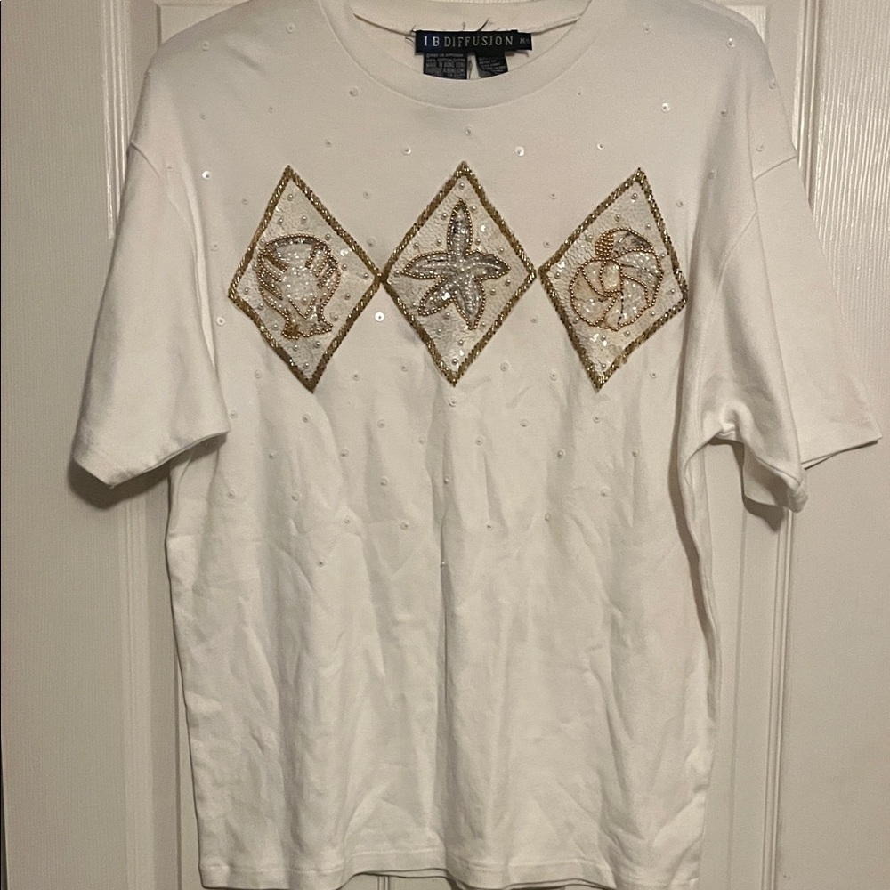 White Tee with Gold Sequin Nautical Design